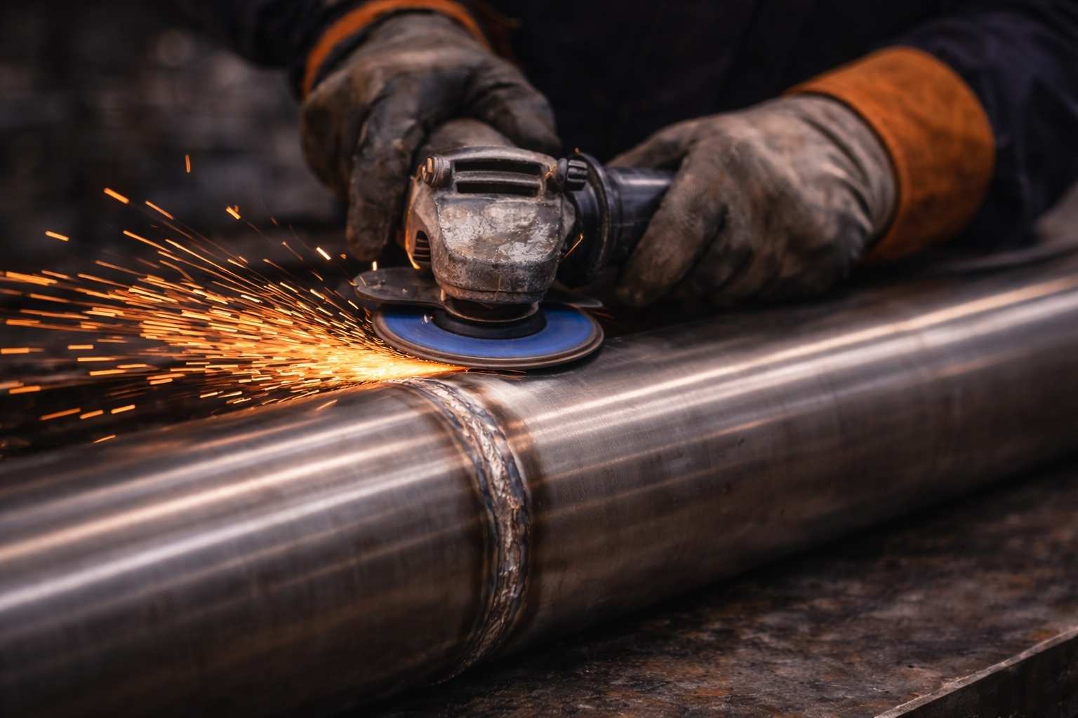 Afwerken van staal Iemand die een stalen buis aan het afwerken is.